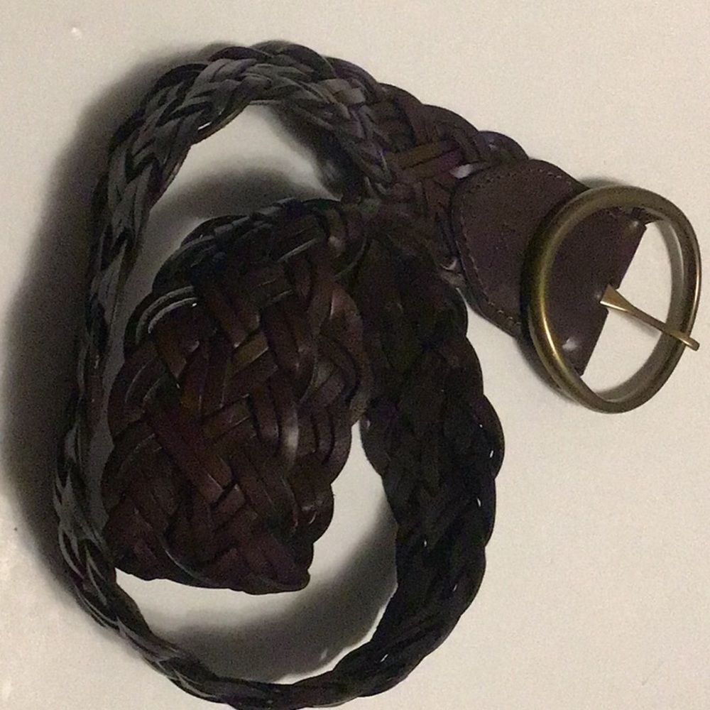 Women’s R.L.L sm dark brown round antique gold tone buckle braided leather Belt